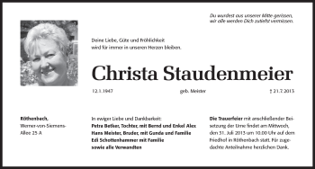 Traueranzeige von Christa Staudenmeier von Pegnitz-Zeitung